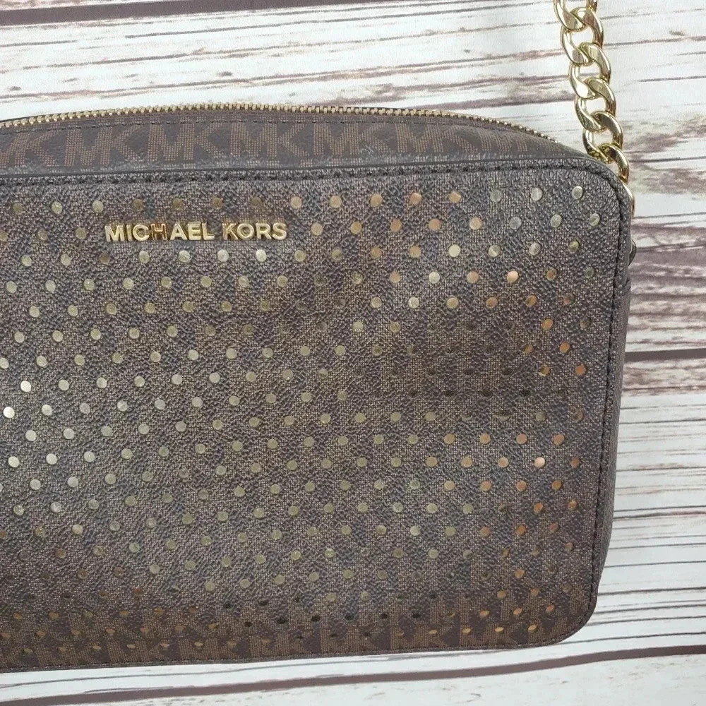 Michael Kors Jet Set East West Signature Brown/Red/Gold Perforated Crossbody Bag